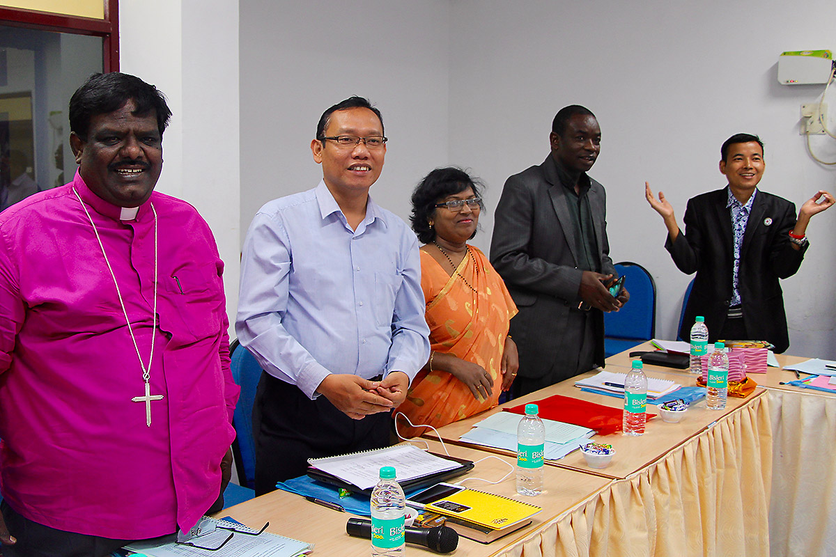 Bishop Michael Ben Hur, Dr Jan Hutner Saragih, Dr Prasuna Nelavala, Rev Thomas Diouf and Rev James San Aung during LWF/DMD Asia & Africa Joint Review Meeting on HICD Frameworks in Chennai, India. Photo: LWF/S. Lawrence.