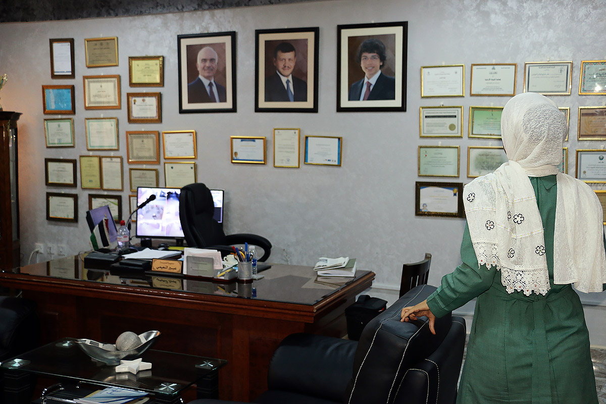 A student in the principal’s office of Bint Adi Secondary School for Girls.