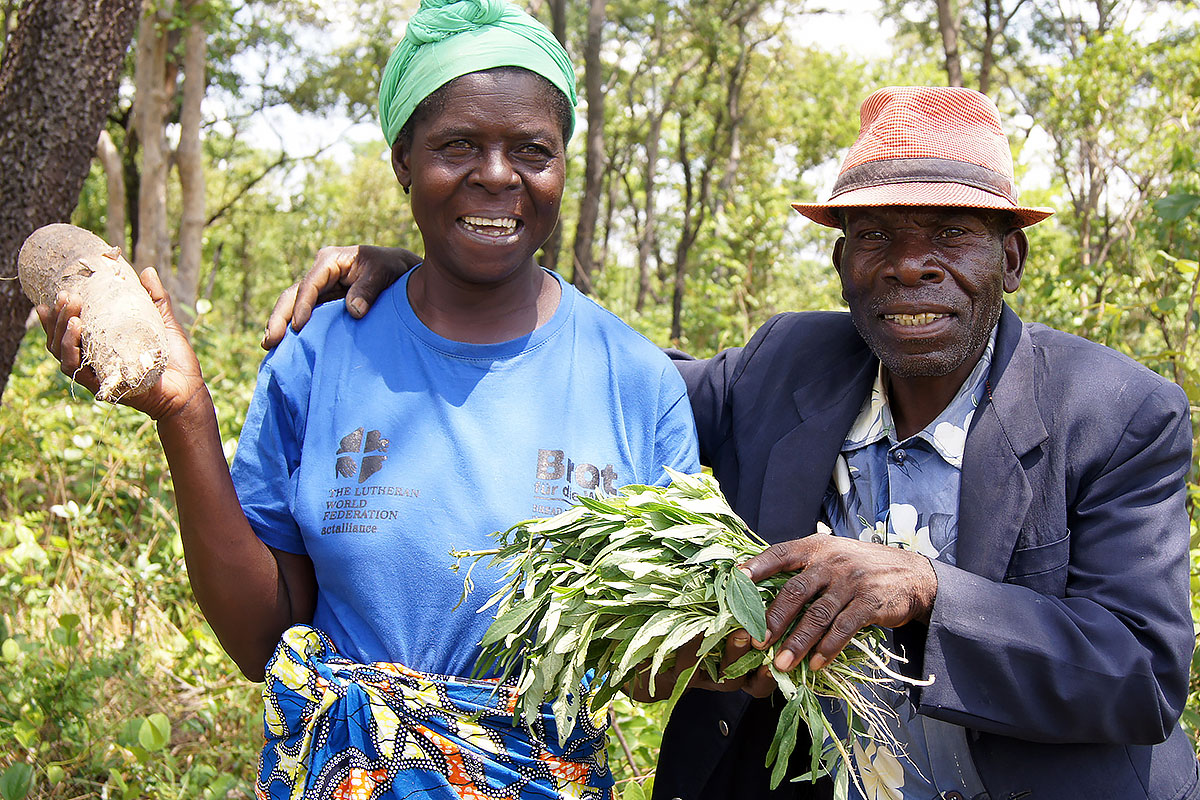 A couple which has been driven from their land, on the plot where they farm cassava. With support by LWF, they have started to employ all legal means to get their land back.