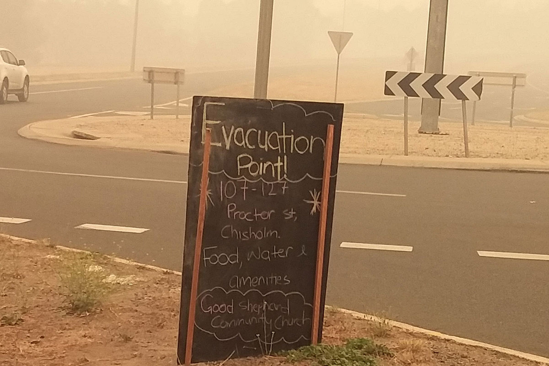 Sign to bushfire evacuation point – The Good Shepherd Lutheran Church at Tuggeranong, ACT, opened its doors as an emergency evacuation center.