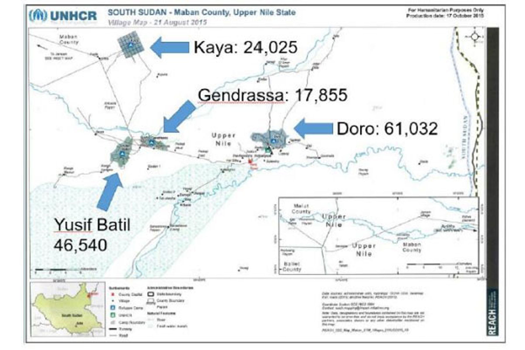 Overview of the four refugee camps in Maban county, together with Bunj town, the host community. The LWF and other humanitarian actors are situated near Doro. 