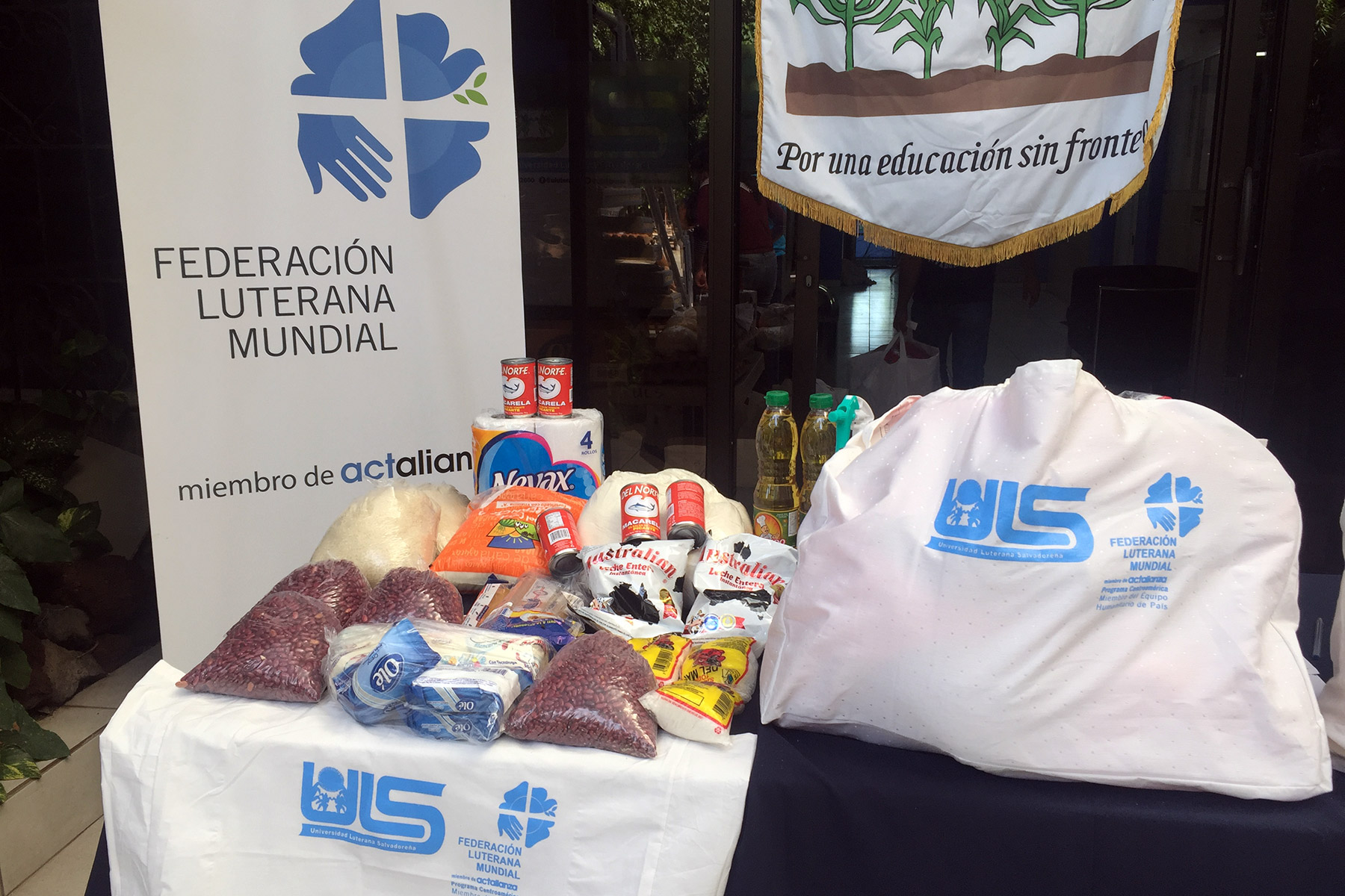 A typical food parcel. The bag contains food which supports 4-5 people for three weeks.