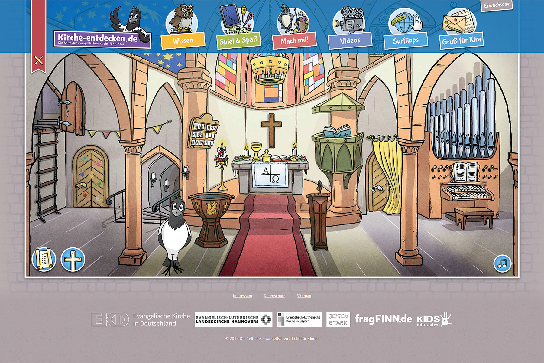 Kira the Magpie invites girls and boys to discover various parts of the church.