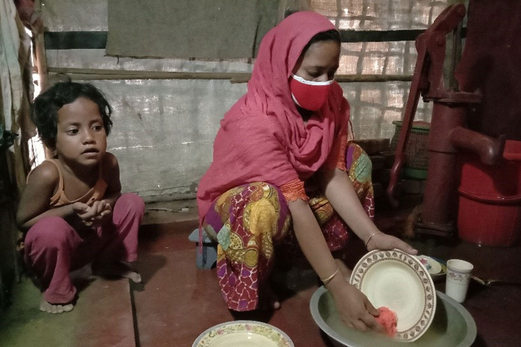 “The hygiene supplies we received earlier are not enough for my family of eight. Very often, we have to take a shower without soap, and wash our clothes with water only and without detergent. For two weeks every month, we wash our dishes with ash and straw, because the soap and sponge are used up. The hygiene kits we received from RDRS Bangladesh will fill the gap,” said Sofura Begum, a refugee(photo).