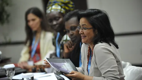 Elisabeth Arciniegas, of the LWF Committee for World Service enjoys a moment of fun during the 2014 pre-council youth and women meeting. Photo: LWF/M. Renaux