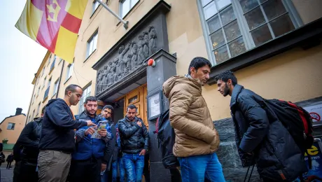 Newly arrived refugees outside the parish house of Katarina Parish, Stockholm, Sweden. Photo: Magnus Aronson /Ikon