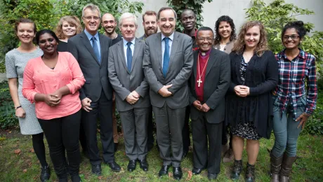 Leaders of Protestant churches in France, Rev. Laurent Schlumberger, Rev. FranÃ§ois Clavairoly and Rev. Dr Jean Ravalitera meet LWF General Secretary Rev. Dr Martin Junge (fourth from left) and the COP21 LWF delegtation, in Paris. Photo: LWF/Ryan Rodrick Beiler