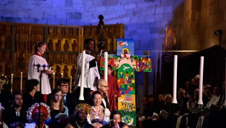 The Salvadoran cross, commissioned by artist Christian Chavarria Ayala for the joint commemoration, was carried in the procession at the beginning of the service. The cross depicts the triune GodÂ´s creative, reconciling and sanctifying work. Photo: LWF/M. Renaux 