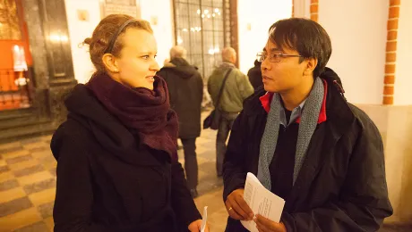 Head of LWF delegation Caroline Richter with Yeb SaÃ±o at Sunday worship. Photo: LWF/Sean Hawkey