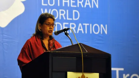 Human rights advocate Kamala Chandrakirana speaking on rights for women, ethnic and religious minorities at the Council 2014 interfaith keynote panel. Photo: LWF/M. Renaux