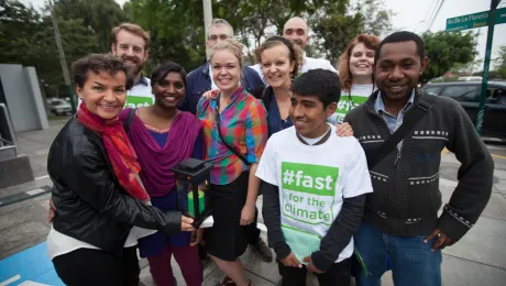 LWF Youth Delegation to COP20 pose with UN Climate Change Secretariat, Christiana Figueres in Lima, Peru         Photo: LWF/Sean Hawkey 