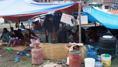 Survivors of the Nepal earthquake forced to sleep under tarpaulins appeal for assistance. Photo: LWF/C KÃ¤stner