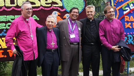 Part of the communion: Bishop Langsung M Sitorus (center) with Bishop Dr Frank O. July, LWF President Bishop Dr Munib A. Younan, LWF General Secretary Rev. Martin Junge and Bishop Dr TamÃ¡s Fabiny. Photo: LWF/ C. KÃ¤stner