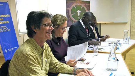 (left to right) Panelists Rev. Dr Vitor Westhelle (Brazil), Angela Trejo (Mexico) and Rev. Dr Peter Amana Bartimawus (Nigeria) together with moderator Bishop Dr Ndanganeni Petrus Phaswana (South Africa) at the Wittenberg consultation Lutheran theological education. Â© LWF/Anli Serfontein