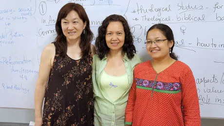 Kiyoe Narita (Japan Lutheran Church; WICAS regional coordinator NEALUC), Nora Samosir (HKBP, Singapore; WICAS regional coordinator SEALUC) and Ranjitha Borgoary (UELCI womenÂs desk; WICAS regional coordinator WESALUC), participating at the WICAS Asia regional meeting, April 9-10 in Thailand. Â© LWF/E. Neuenfeldt