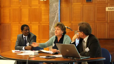 (left to right) Symposium organizer Rev. Dr Kenneth Mtata listens as ILO representative Anna Biondi responds to the presentation on âTrust in the Workplaceâ by Rev. Rudolf Renfer, former LWF Human Resources Office director. Â© LWF/M. Haas