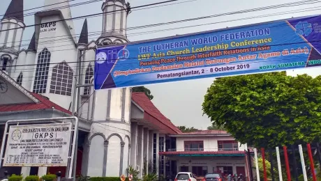 Welcome banner outside the Simalungun Protestant Christian Church in Pematang Siantar in North Sumatra, where participants at the 2 -8 October Asia Church Leadership Conference will gather for Sunday worship. Photo: B. Nahampun