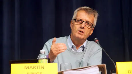 Rev. Martin Junge, General Secretary of the Lutheran World Federation, speaks to a plenary session of the second ACT Alliance assembly meeting in the Dominican Republic. Photo: Sean Hawkey