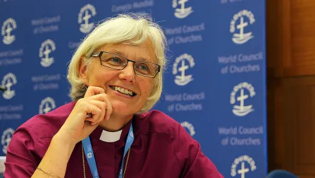 Archbishop Dr Antje JackelÃ©n, Church of Sweden, making a statement during the plenary session of the LWF council meeting on in 2013. Credit: LWF/Maximilian Haas