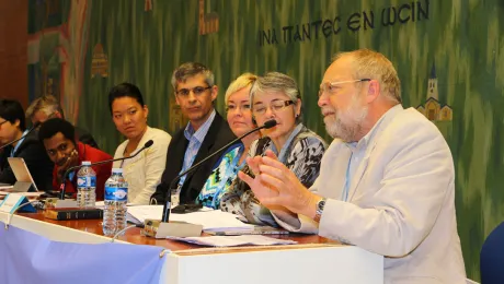 Bishop Niels Henrik Arendt, right, Evangelical Lutheran Church in Denmark, addressing LWF Council participants during the panel presentation on June 14, 2013. Bishop Arendt died on August 23, 2015. Photo: LWF/Maximilian Haas