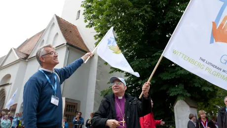 Liberated by God's Grace â Wittenberg Pilgrimage 2016. LWF General Secretary Martin Junge and LWF President at the beginning of the pilgrimage in front of the St. Nikolai Church in Coswig. Photo: LWF/Marko Schoeneberg