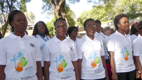 A choir prepares for the upcoming LWF Assembly by rehearsing the theme song. Liberated by Godâs Grace. Photo: DNK/LWB, F. HÃ¼bner