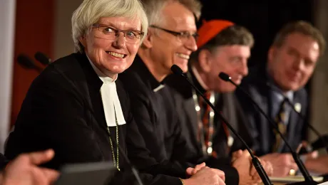 Church of Sweden Archbishop Antje JackelÃ©n (left) with LWF and Catholic Church leaders during a press conference for the October 2016  joint commemoration in Lund, Sweden. Photo: LWF/M. Renaux