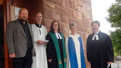 Left to right: Dr Virgil LÃ¡szlÃ³ (ELCH), Canon Dick Lewis (ALS Secretary), Rev. MÃ¡ria SzÃ¼cs (ELCH), Rev. Helen Harding (Anglican) and Rev. GyÃ¶rgy Aradi (ELCH) at the conference in RÃ©vfÃ¼lÃ¶p. Photo: ELCH