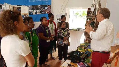 LWF World Service staff welcome visitors at the Heaven's Tent in Wittenberg. Photo: LWF/C.Kaestner