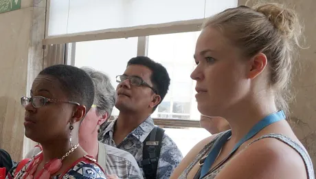 Marta Spangler, right, with workshop participants during a visit to the UN Geneva office. Photo: LWF/E. Neuenfeldt