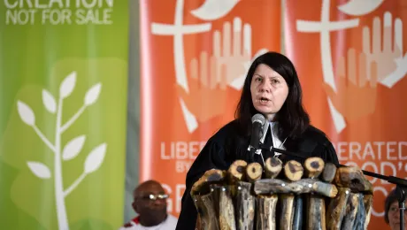 Rev. Dr Elena Bondarenko from the Evangelical Lutheran Church in European Russia, preaching at the opening worship of the Lutheran World Federation's Twelfth Assembly on 10 May 2017, Windhoek, Namibia. Photo: LWF/Albin Hillert