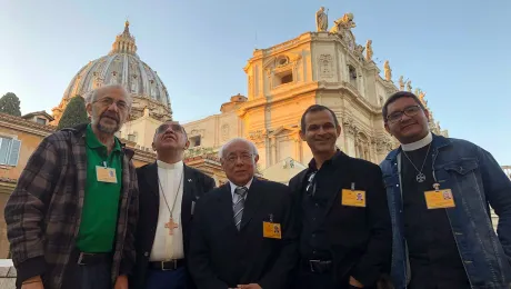 Rev. Nicolau Nascimento de Paiva (left of photo) together with other ecumenical delegates to the Vatican Synod in front of St Peterâs Basilica. Photo: Robert FLOCK