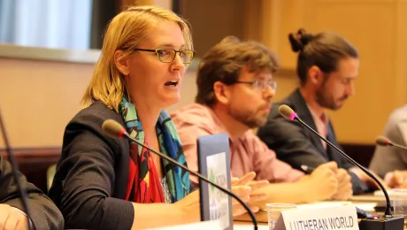 Photo: Susan Muis (center), LWF Regional program Officer for CAR, DRC and Chad, speaks at the NGO briefing in the Palais des Nations. Photo: LWF/Peter Kenny