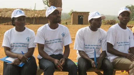 LWF peace ambassadors in the Central African Republic, 2017. The young men and women have been trained to mediate in community conflicts, which can vary from a fight about the village water point to accusations of witchcraft or domestic violence. Photo: Els Hortensius, ICCO and Kerk in Actie