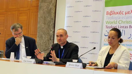 From left to right: Prof. Rudolf Von Sinner (EST), Rev. Dr Chad Rimmer (Study Secretary for Lutheran Theology and Practice) and and Prof. AmÃ©lÃ© EkuÃ© (Bossey)  at the GlobeTheoLib Consortium on 13 April in Geneva, Switzerland.