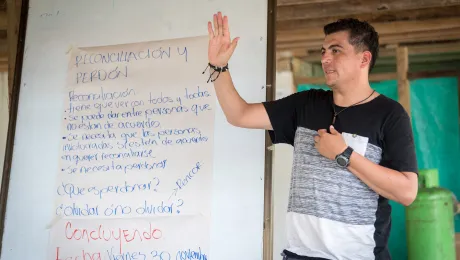 Edwin Mosquera leads a workshop on forgiveness and reconciliation as part of the âFrom War to Peaceâ project of the Evangelical Lutheran Church in Colombia which supports three communities in the northwest Antioquia region. Photo: LWF/A. Hillert