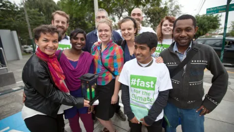 UN Climate Change General Secretariat, Christiana Figueres poses with LWFâs Fast for the Climate Youth Delegation. Photo: LWF/Sean Hawkey