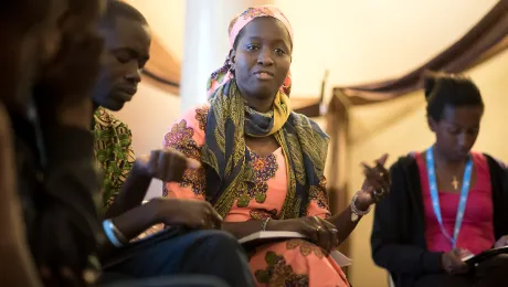 Mari Oumar Sall, LWF country program in Mauritania, describing efforts to combat desertification and care for refugees, at a side event of COP 22 in Marrakech, Morocco Photo: LWF/Ryan Rodrick Beiler