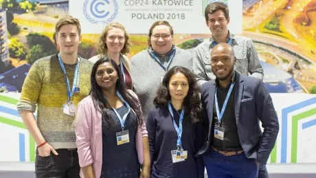 Part of the LWF delegation to COP24 in Katowice, Poland. Back row L-R: Sindri Geir Oskarsson, Helena Merle Funk, Wylie Cook, Romario Dohmann. Front row L-R Pranita Biswasi, Gloria Marthalena Samosir, Khulekani Magwaza. Photo: LWF/Sean Hawkey