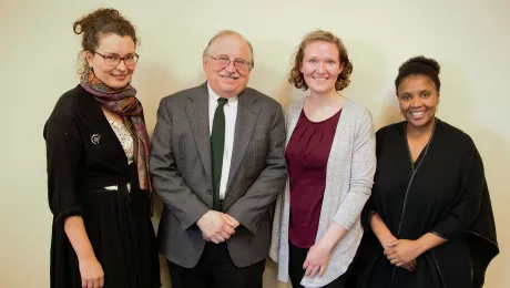 Visiting the Lutheran office in New York, Helena Funk (third from left) received valuable tips on climate advocacy from Rebekka Pohlmann, Germany; Dennis Frado, LWFâs representative at the UN headquarters; and Christine Mangale, LOWC program director. Photo: Doug Hostetter