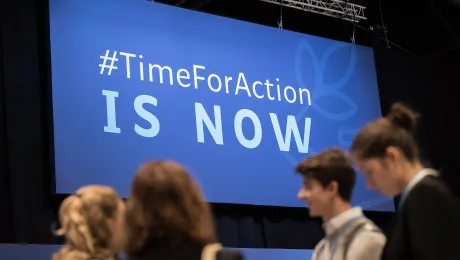 Young people attending COP25 in Madrid, Spain, in 2019. The slogan â#TimeForAction is nowâ has not lost its urgency. Photo: LWF/Albin Hillert