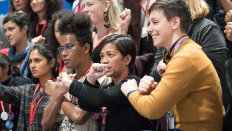 Young people gather for a sit-in demonstration at COP25, in Madrid, Spain, to claim space for a range a groups whose voices are not often listened to in the space of global climate negotiations: youth, women, frontline communities, indigenous communities. Photo: LWF/Albin Hillert