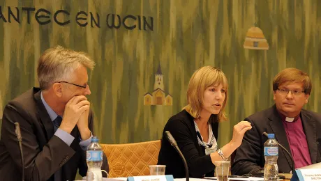 Finance Committee chair, Christina Jackson-Skelton, centre, commended the LWF leadership for increasing financial stability. Photo: LWF/Helen Putsman