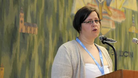 Rev. Dr Minna HietamÃ¤ki presents the document, The Self-Understanding of the Lutheran Communion. Photo: LWF/Helen Putsman