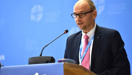 Report of the LWF finance committee chairperson Oberkirchenrat Olaf Johannes Mirgeler at the Council 2018 in Geneva. Photo: LWF/Albin Hillert