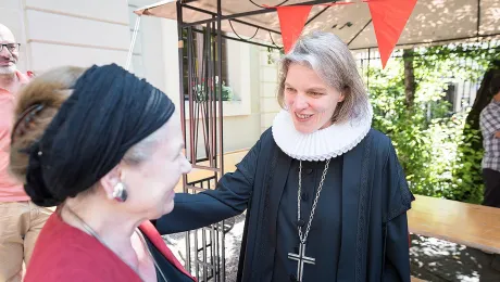 PrÃ¶pstin Astrid Kleist greets participants after the service. Photo: LWF/ Albin Hillert