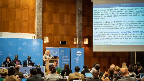 LWF Council members follow discussion on the protection of biodiversity.  The report was presented by the Committee for Advocacy and Public Voice chairperson, Ms Vera Tkach, Federation of Evangelical Lutheran Churches in Russia and Other States. Photo: LWF/Albin Hillert