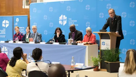 Director General of the United Nations Office at Geneva, Michael MÃ¸ller addresses the launch of the Waking the Giant self-assessment tool on 17 June. Photo: LWF/A.Hillert