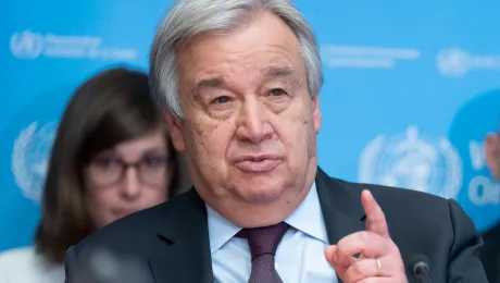 UN Secretary-General AntÃ³nio Guterres during a briefing on COVID-19 at WHO headquarters in Geneva. 24 February 2020. UN Photo / Jean Marc FerrÃ© 