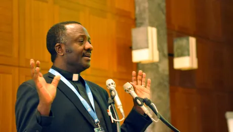 Rev. Dr Fidon Mwombeki, director of the LWF Department for Mission and Development, presents a 70-year trajectory of mission thinking and activities in the LWF, during the Consultation on Contemporary Mission in Global Christianity in Geneva. Photo: LWF/S. Gallay